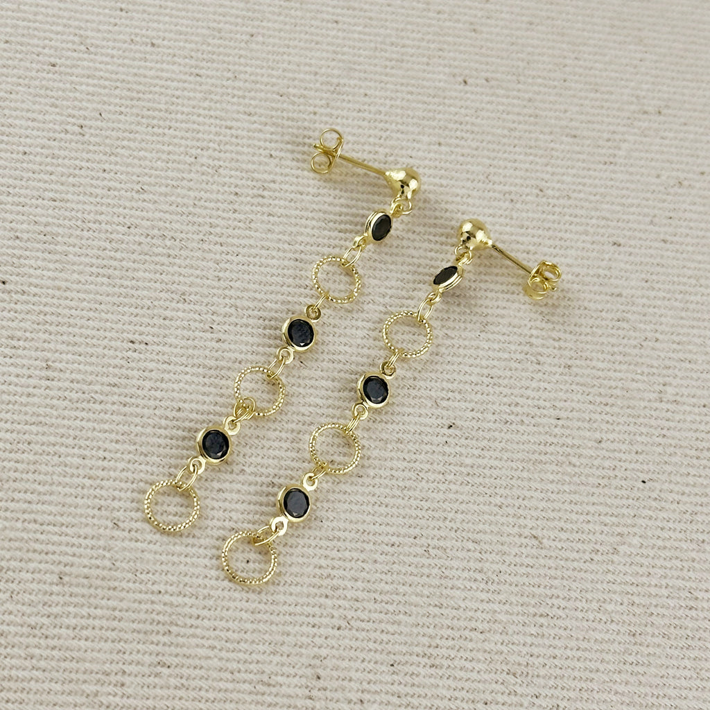 18k Gold Filled Black Bezel CZ & Circles Dangling Earrings