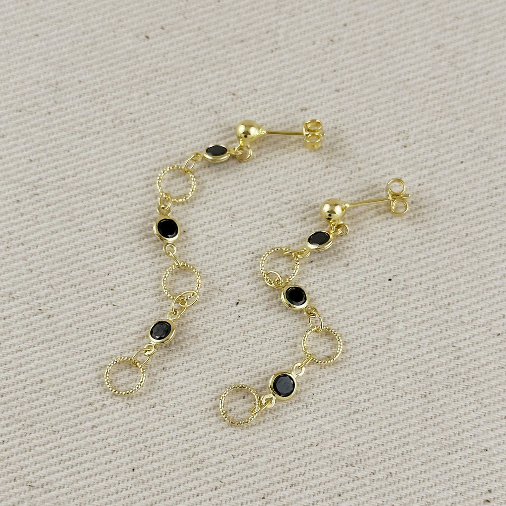 18k Gold Filled Black Bezel CZ & Circles Dangling Earrings