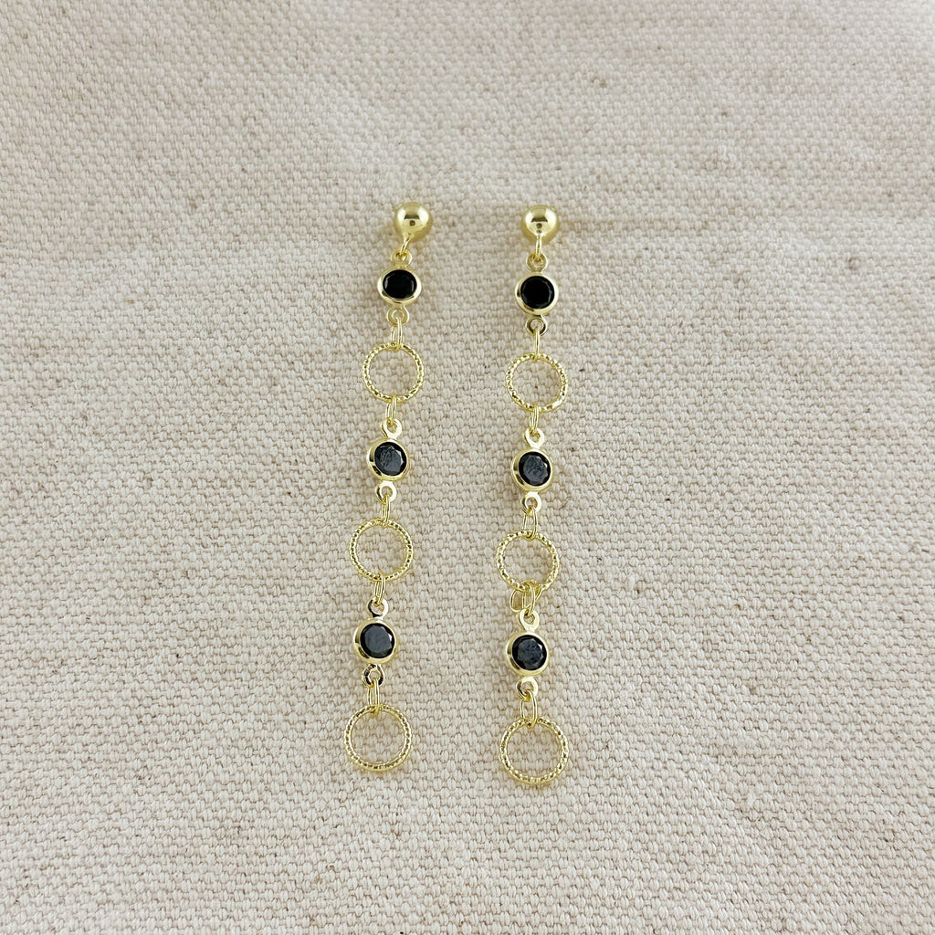 18k Gold Filled Black Bezel CZ & Circles Dangling Earrings