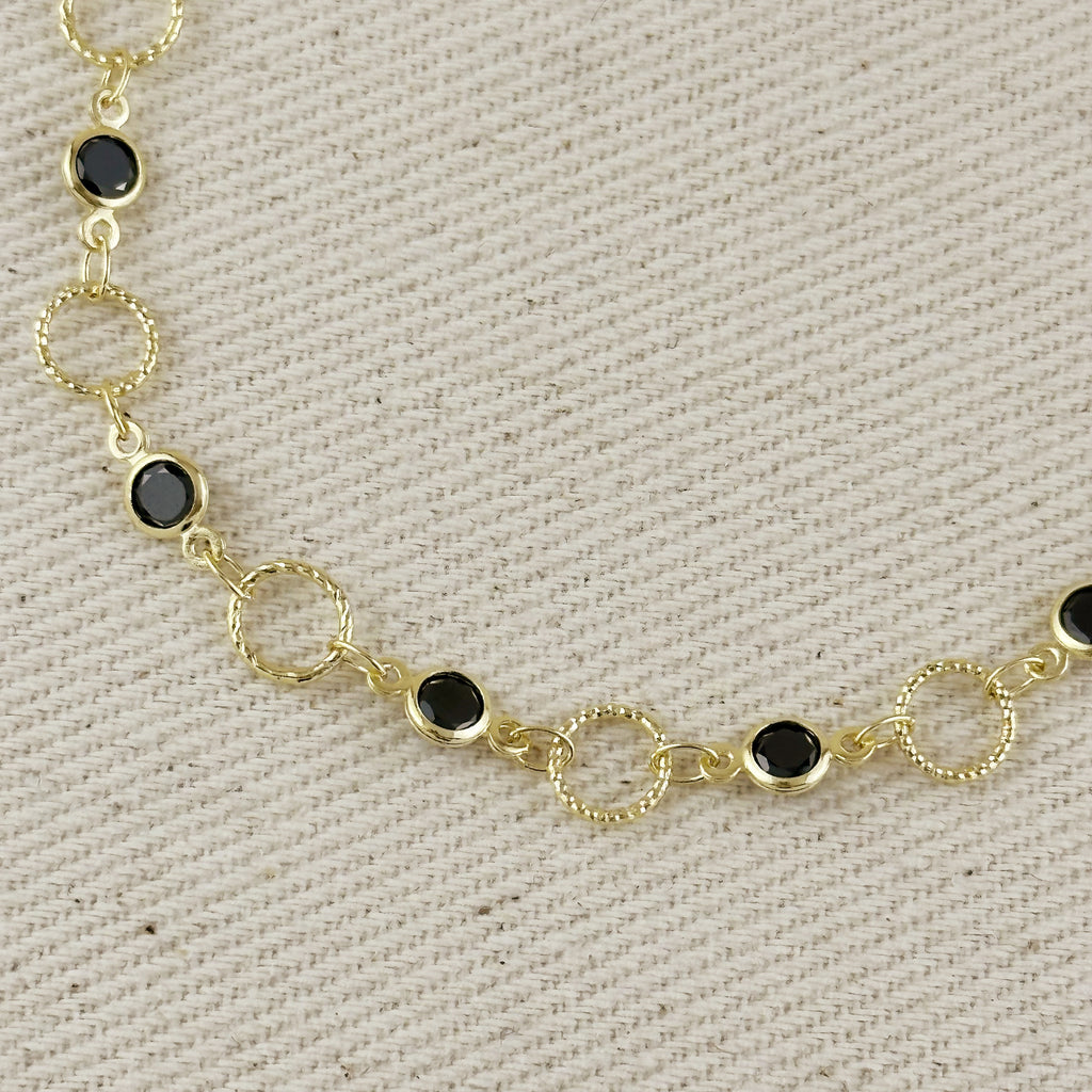 18k Gold Filled Black Bezel CZ & Circles Bracelet