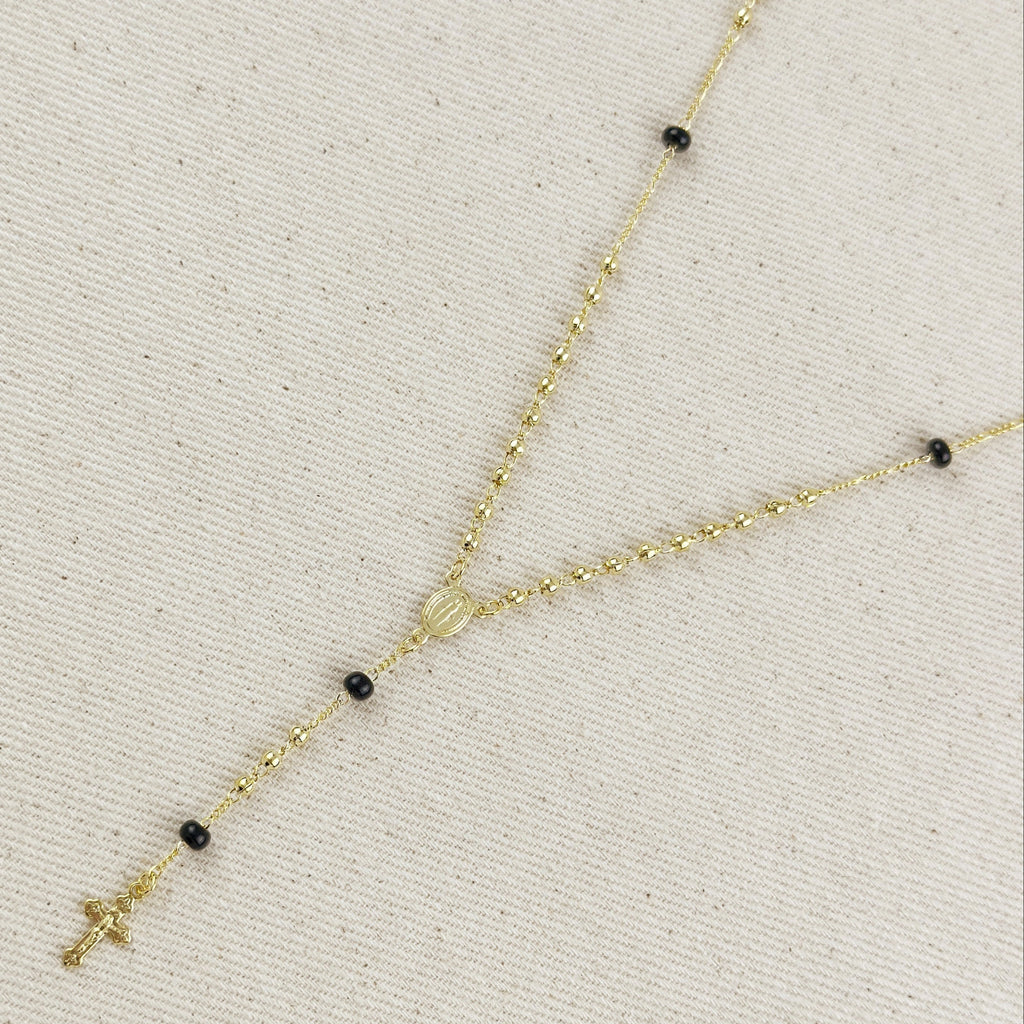 18k Gold Filled  Our Mother of Grace With Black Bead Rosary Necklace