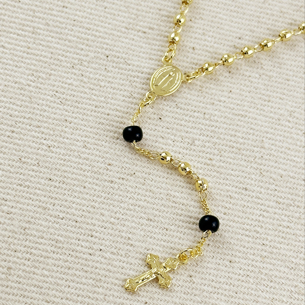 18k Gold Filled  Our Mother of Grace With Black Bead Rosary Necklace