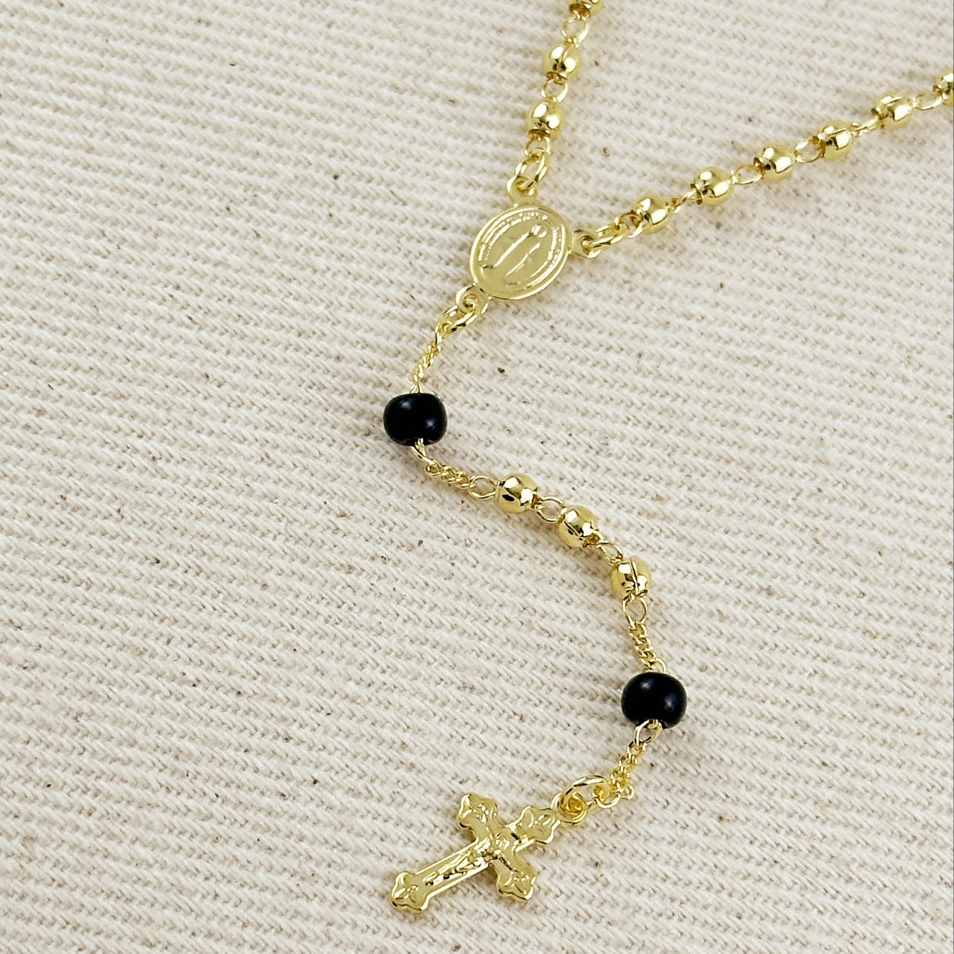 18k Gold Filled  Our Mother of Grace With Black Bead Rosary Necklace