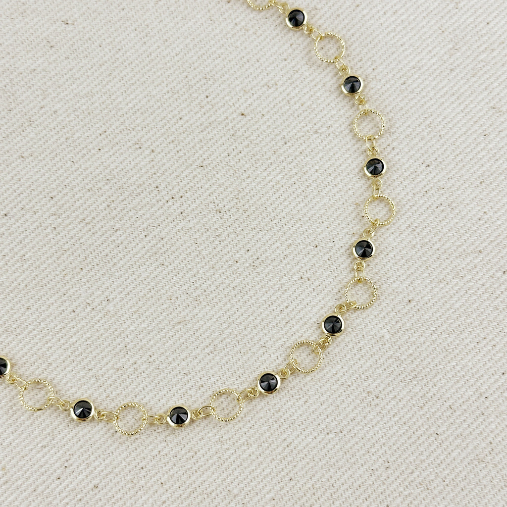 18k Gold Filled Black Bezel CZ & Circles Anklet