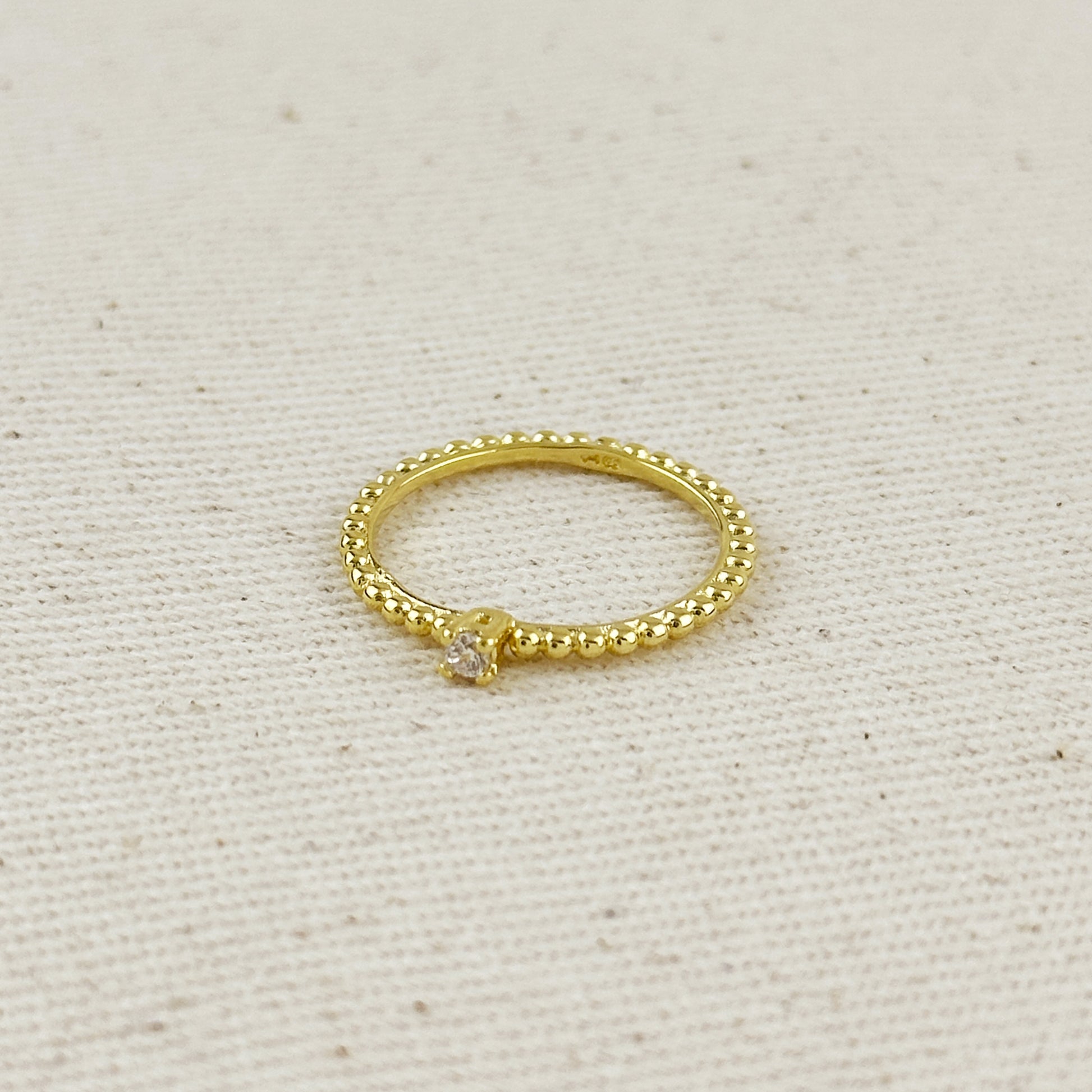 18K Gold Filled Beaded Ring with Single CZ Stone