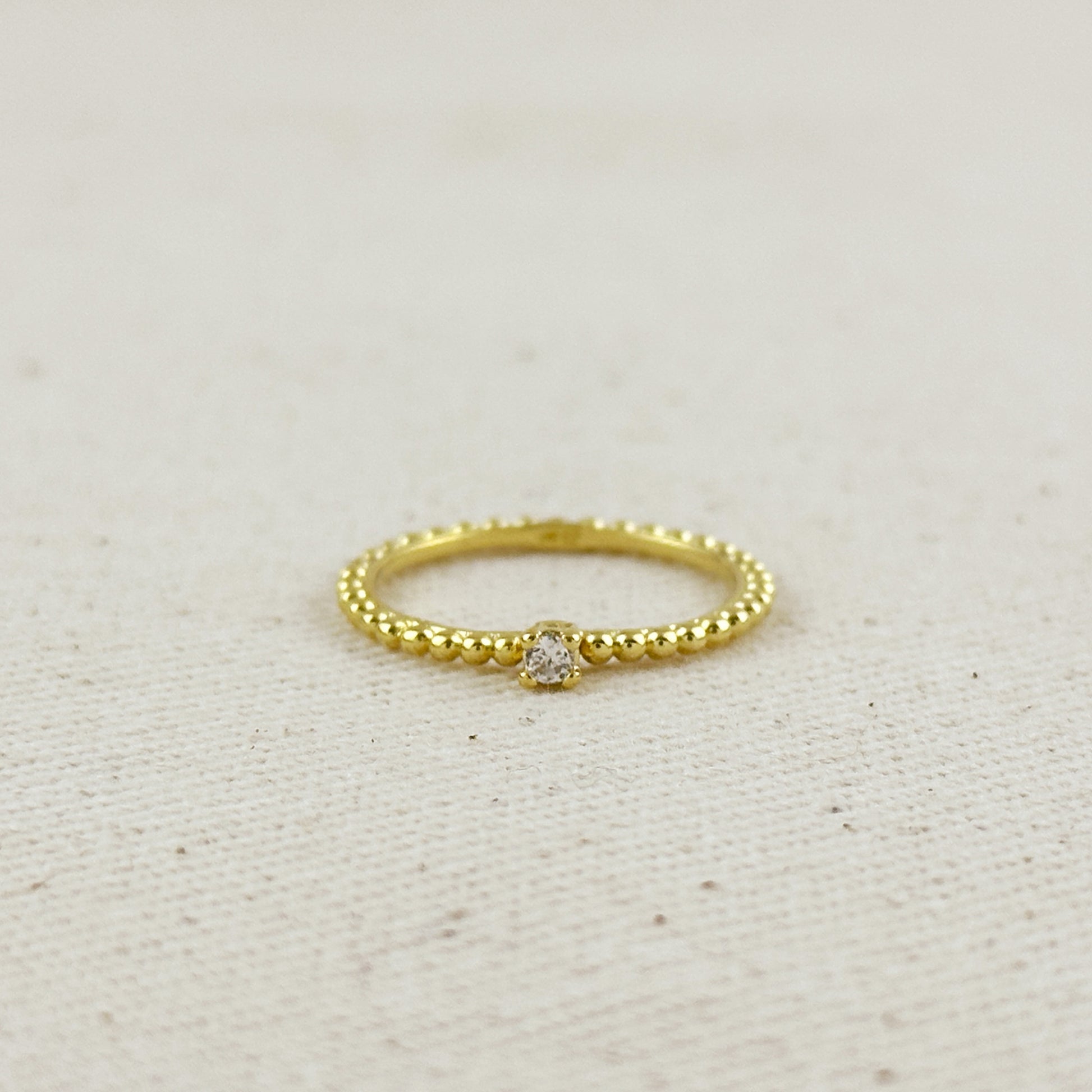 18K Gold Filled Beaded Ring with Single CZ Stone