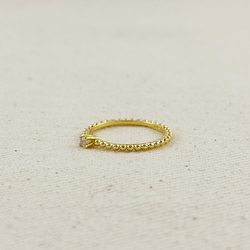 18K Gold Filled Beaded Ring with Single CZ Stone