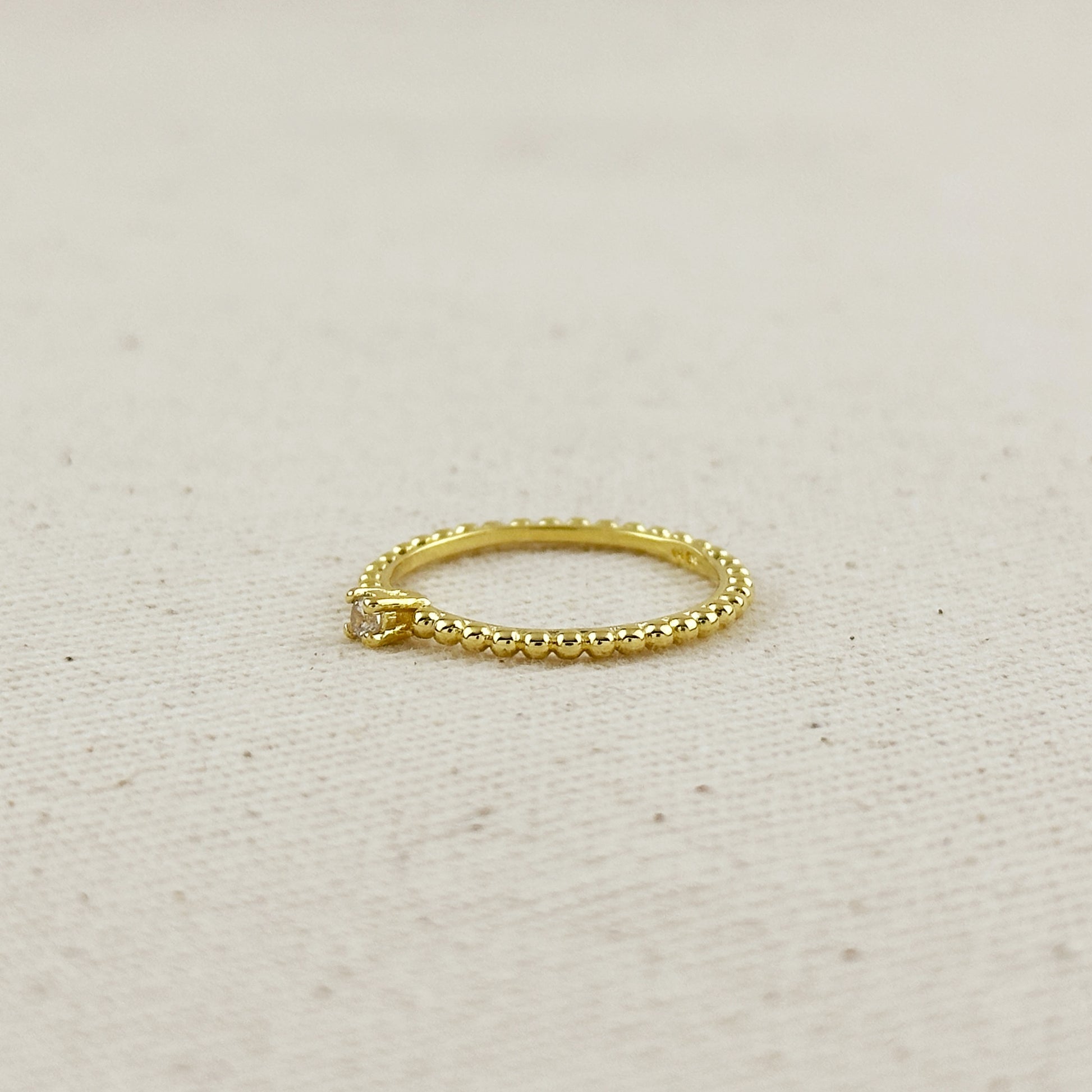 18K Gold Filled Beaded Ring with Single CZ Stone