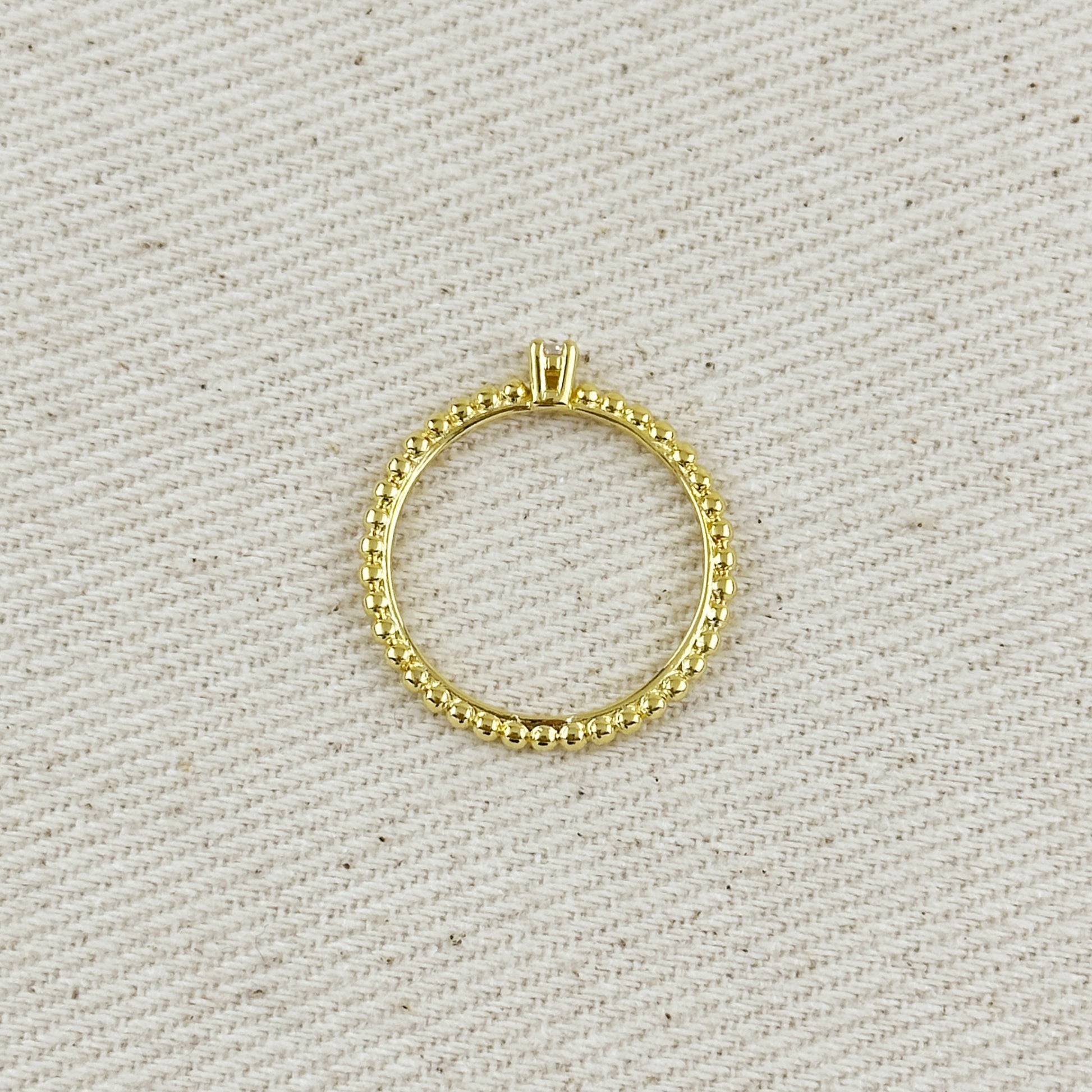 18K Gold Filled Beaded Ring with Single CZ Stone
