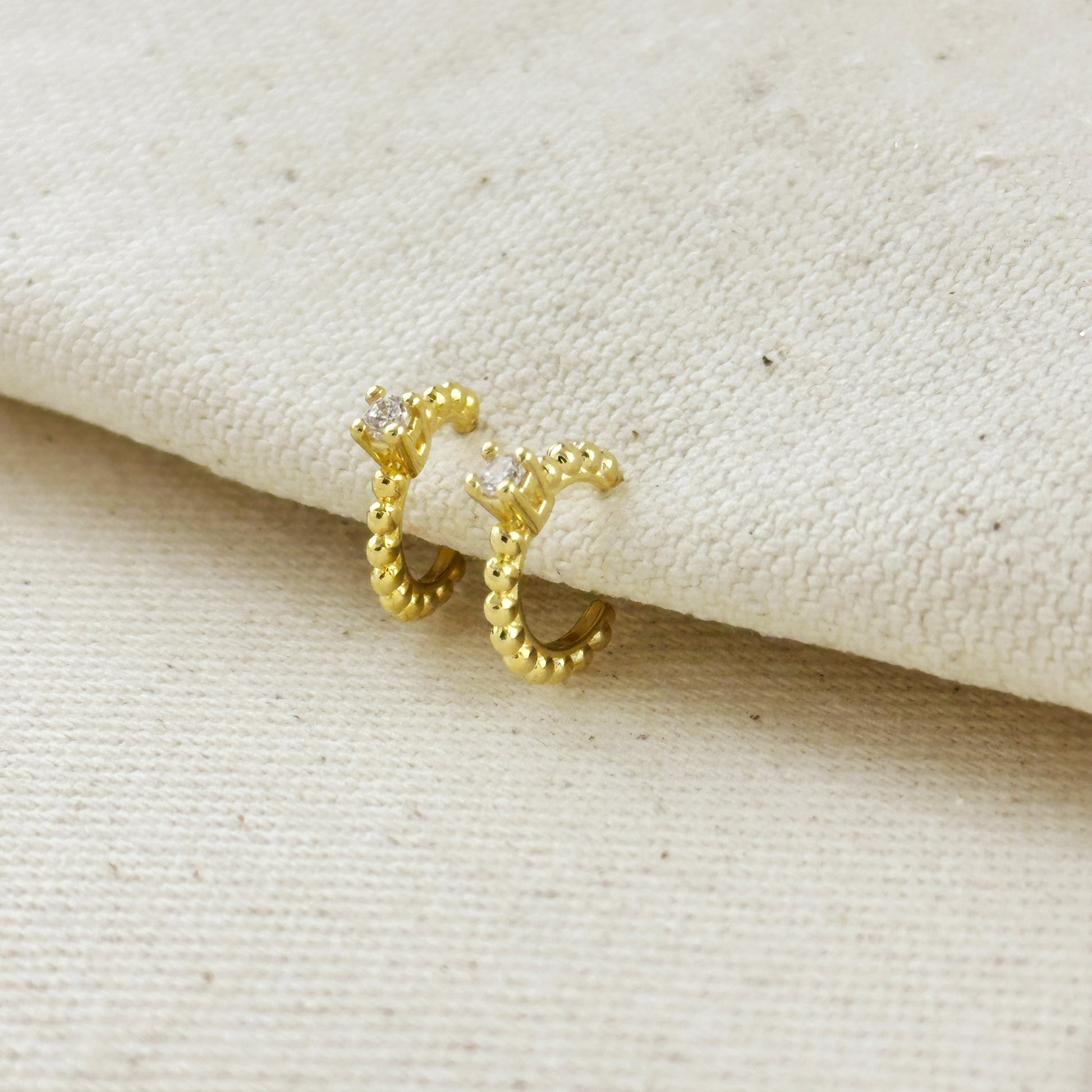 18K Gold Filled Beaded C-Hoop Earrings with CZ Stones