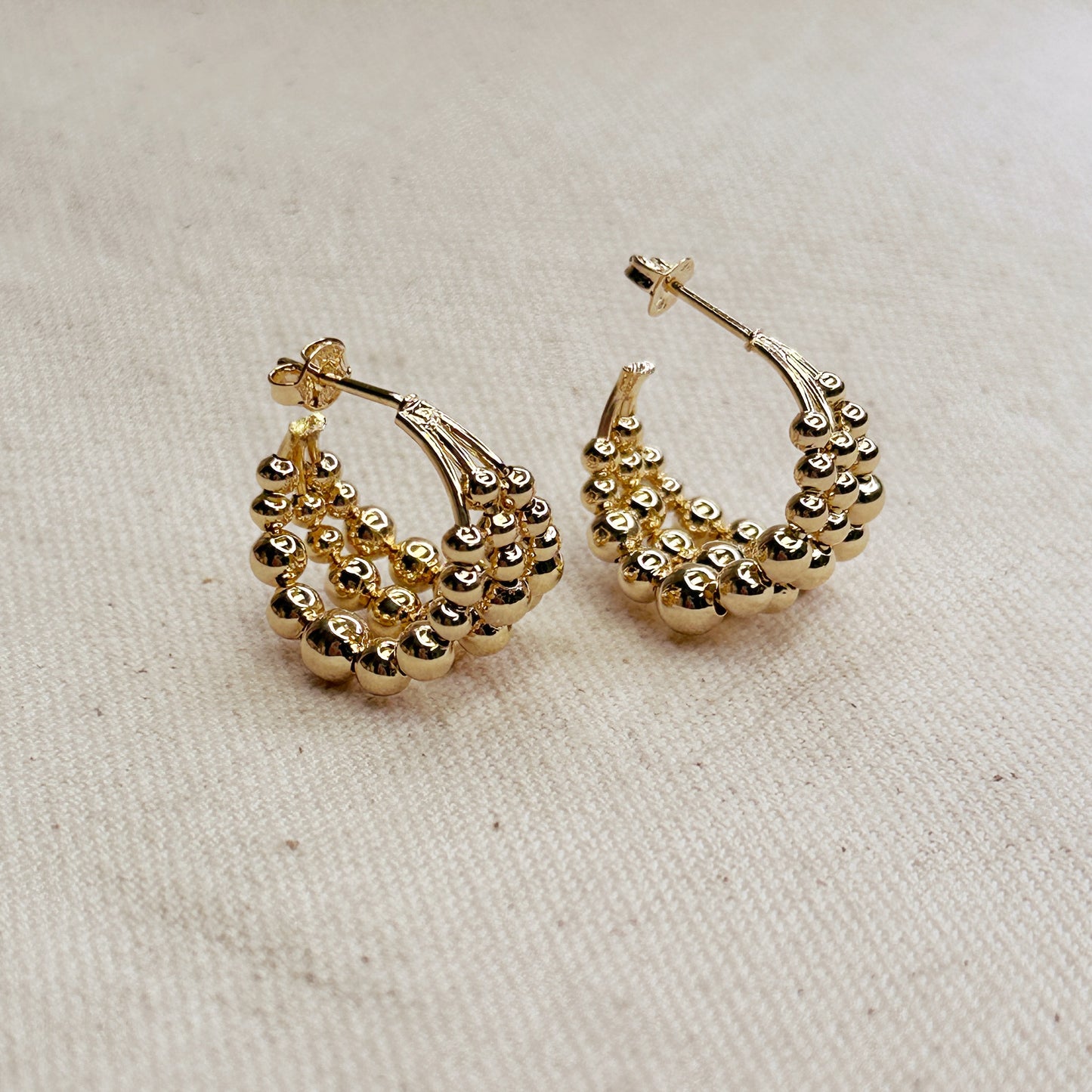 18k Gold Filled Triple Line Beaded C-Hoop Earrings