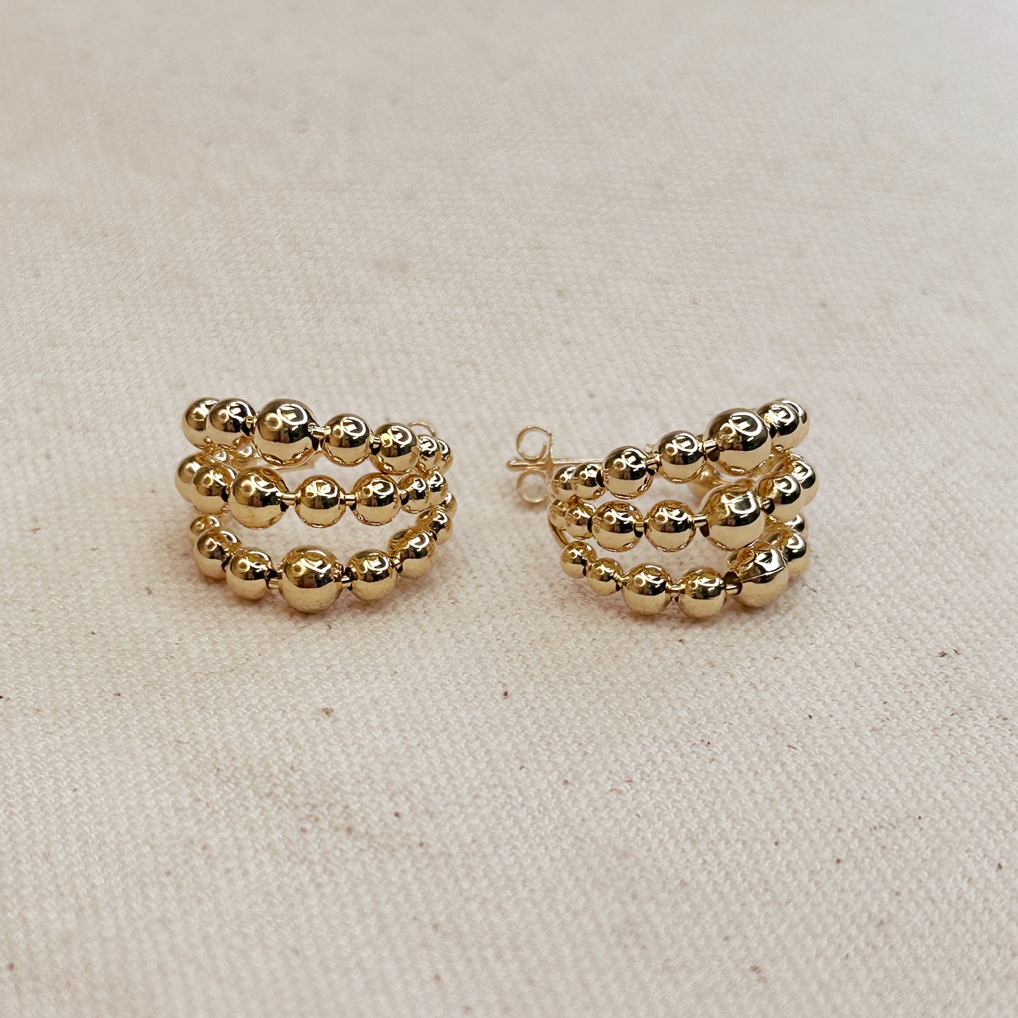 18k Gold Filled Triple Line Beaded C-Hoop Earrings