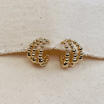 18k Gold Filled Triple Line Beaded C-Hoop Earrings