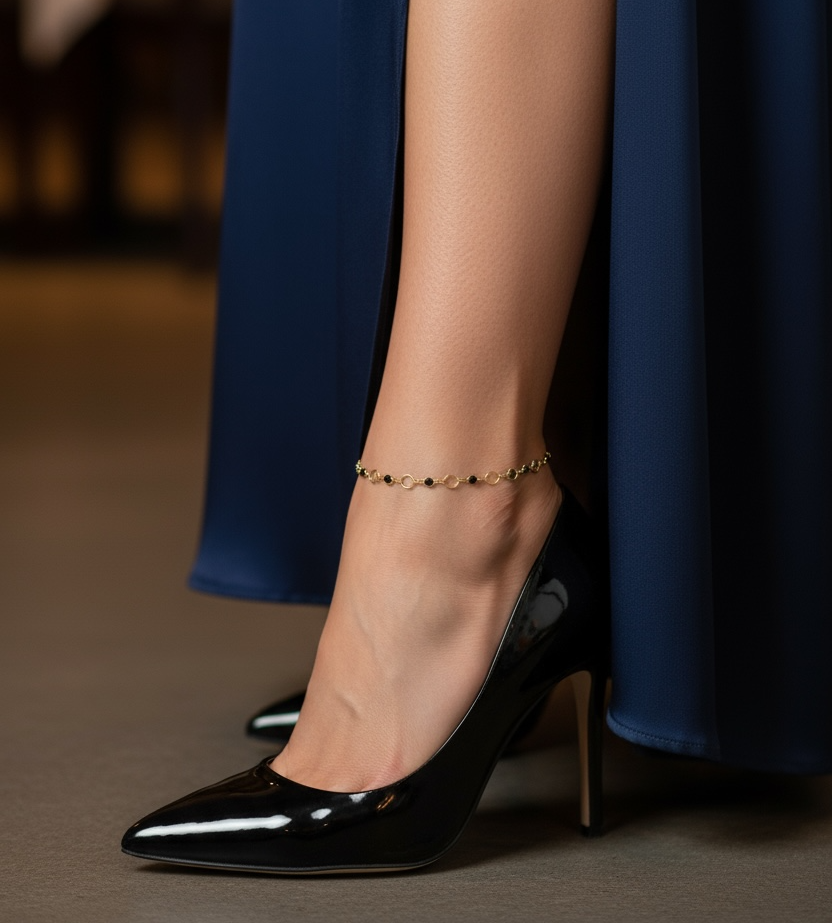 18k Gold Filled Black Bezel CZ & Circles Anklet