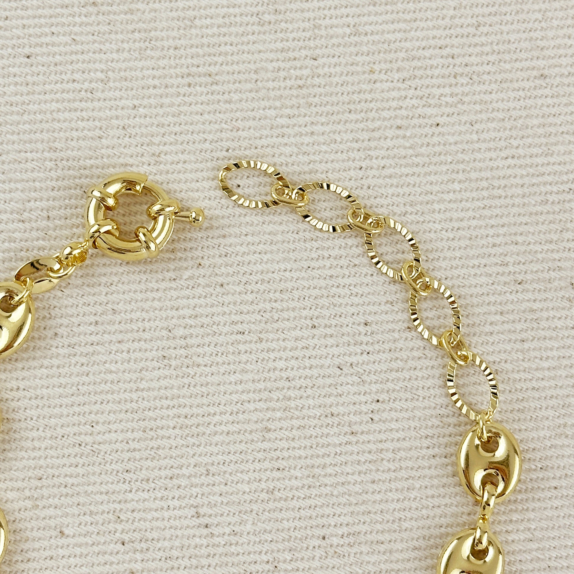 18k Gold Filled Puffy Mariner Bracelet Featuring Unique Chain Extender