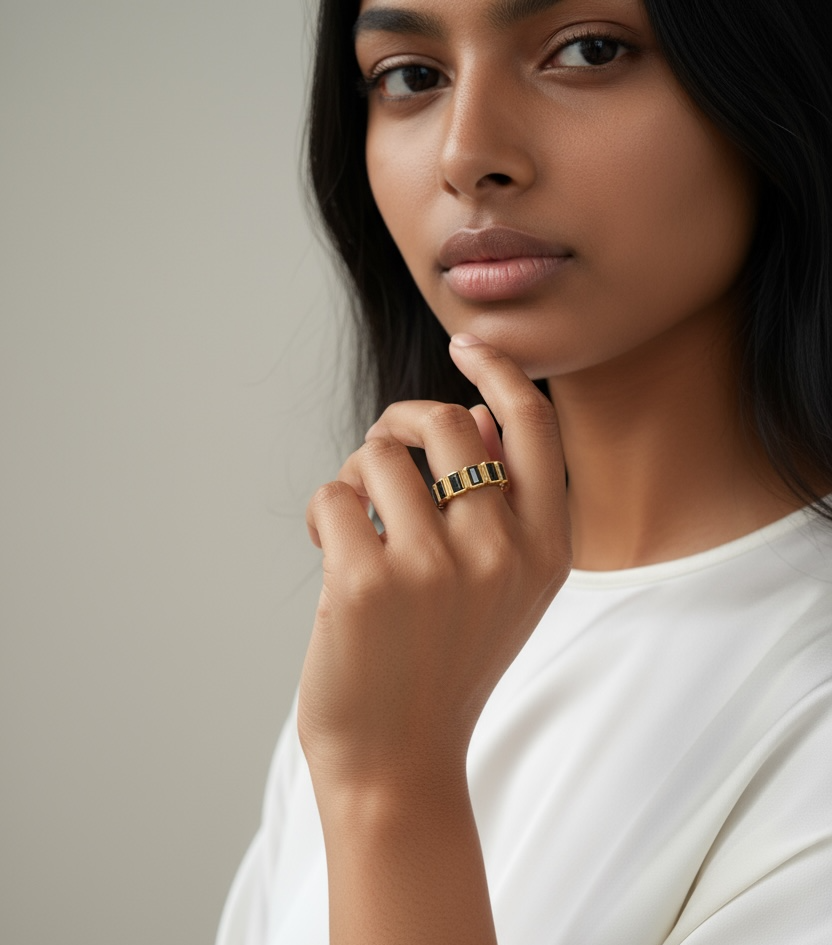 18k Gold Filled Chunky Black Onyx CZ Eternity Band Ring