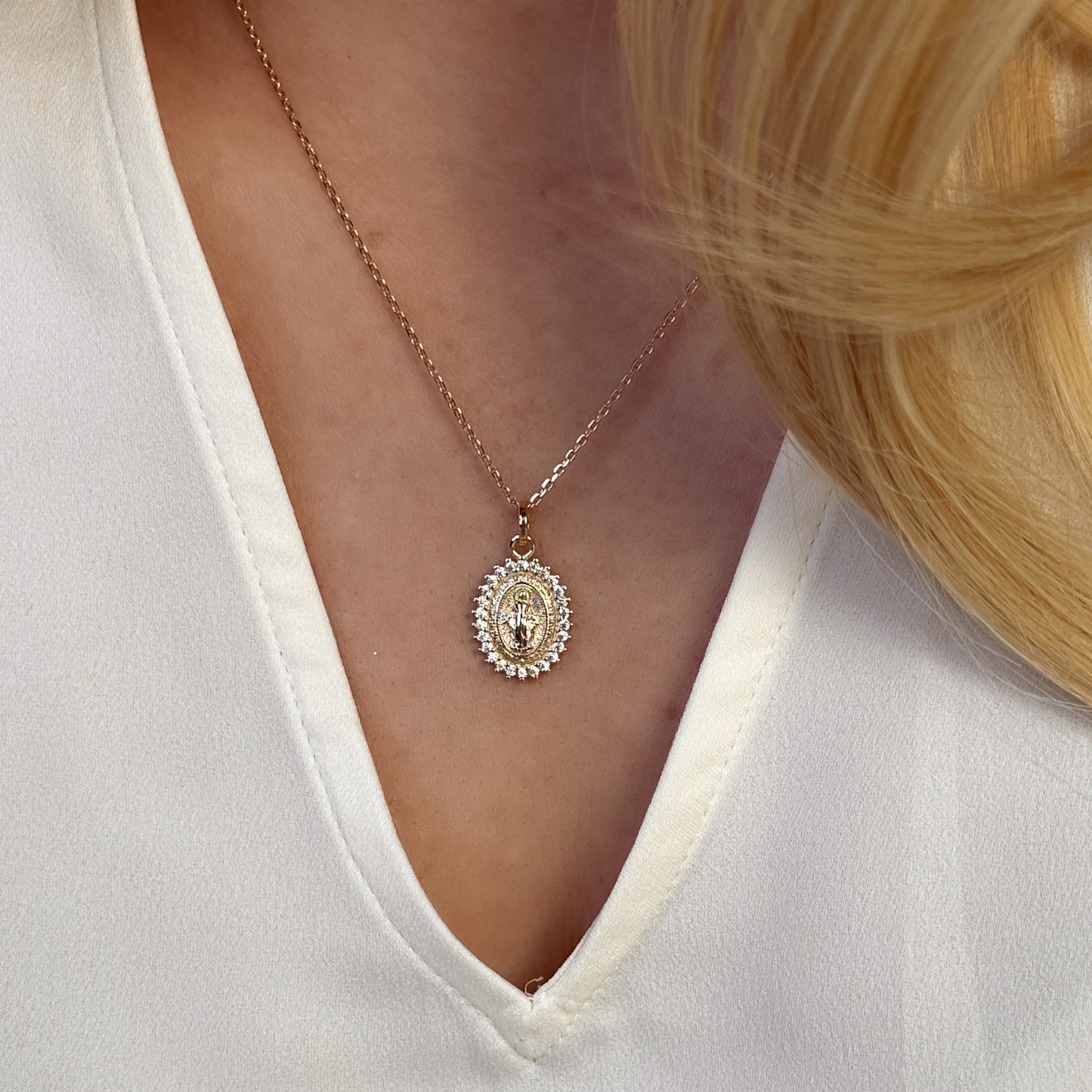 18k Gold Filled Double Sided CZ Lady of Grace Medal Pendant