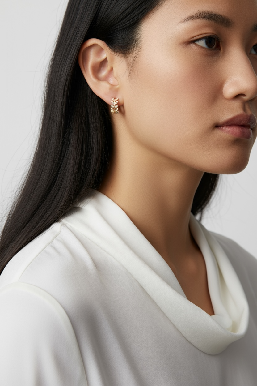 18k Gold Filled CZ Leaf Clicker Hoop Earrings