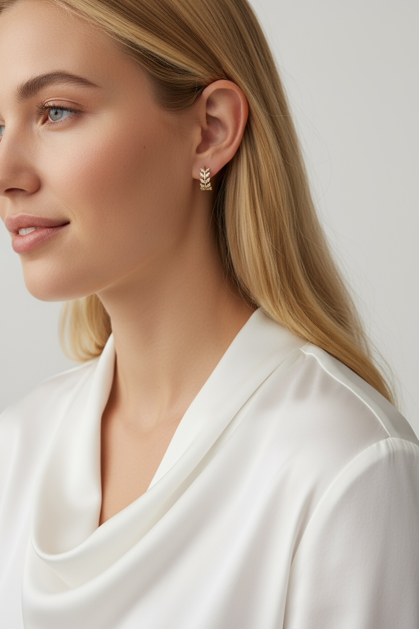 18k Gold Filled CZ Leaf Clicker Hoop Earrings