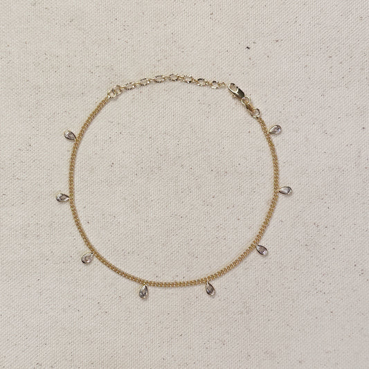 18k Gold Filled 2mm Curb Chain With Bezel CZ Drops Anklet