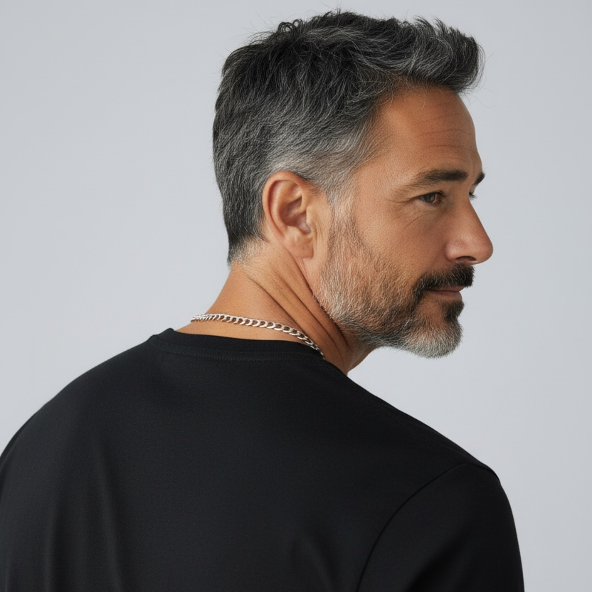 Man wearing a black t-shirt against a plain background