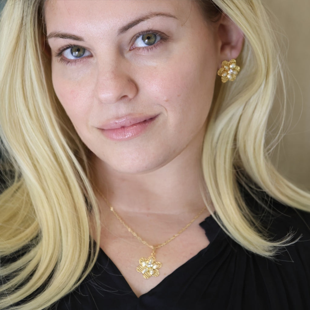 18k Gold Filled Mesh Flower Necklace and Earring Set