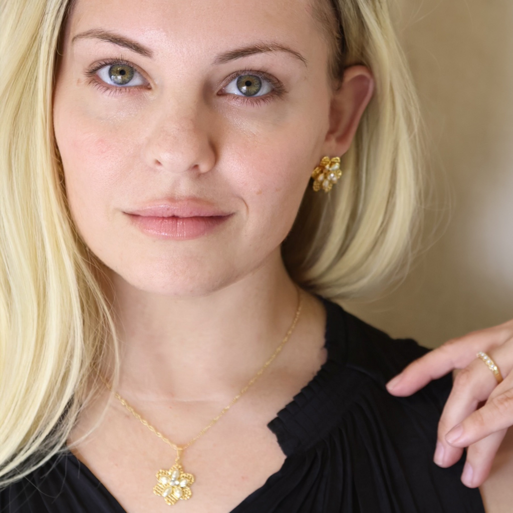 18k Gold Filled Mesh Flower Necklace and Earring Set