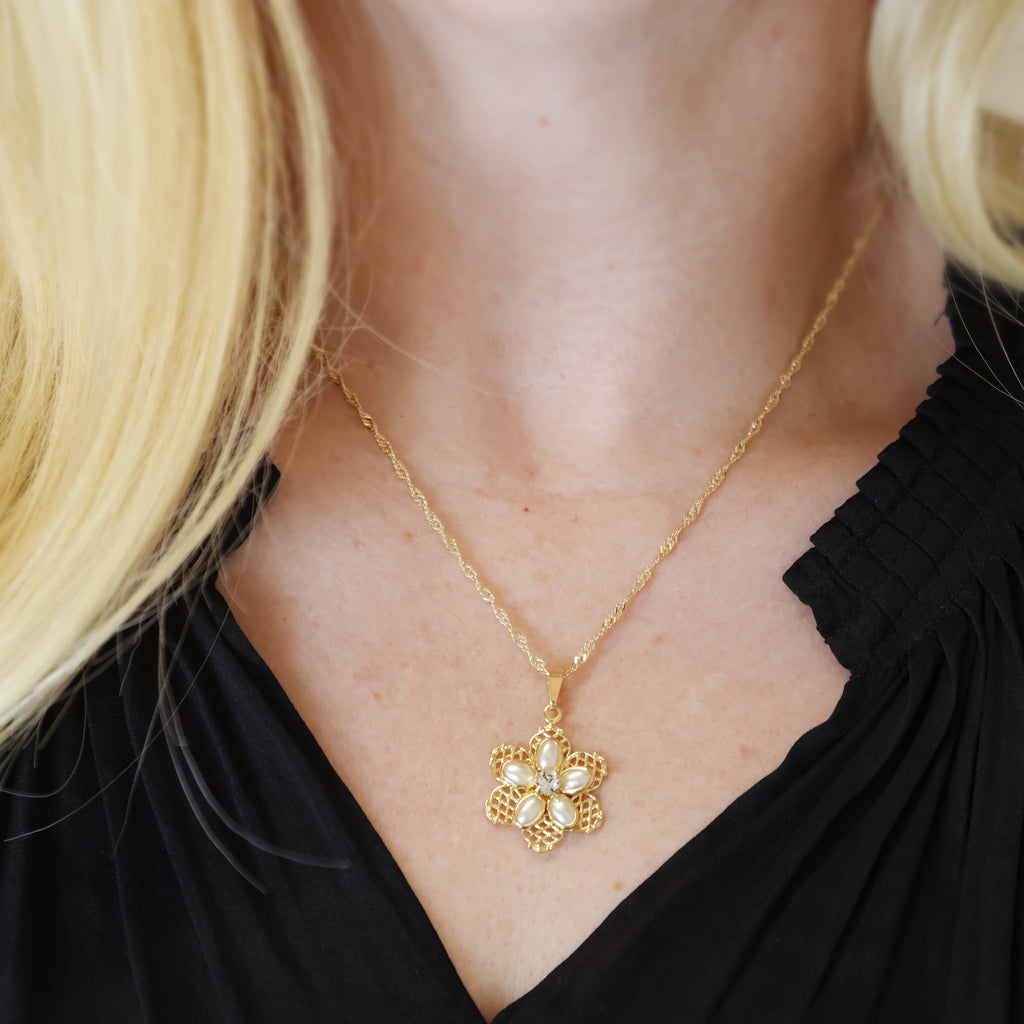 18k Gold Filled Mesh Flower Necklace and Earring Set