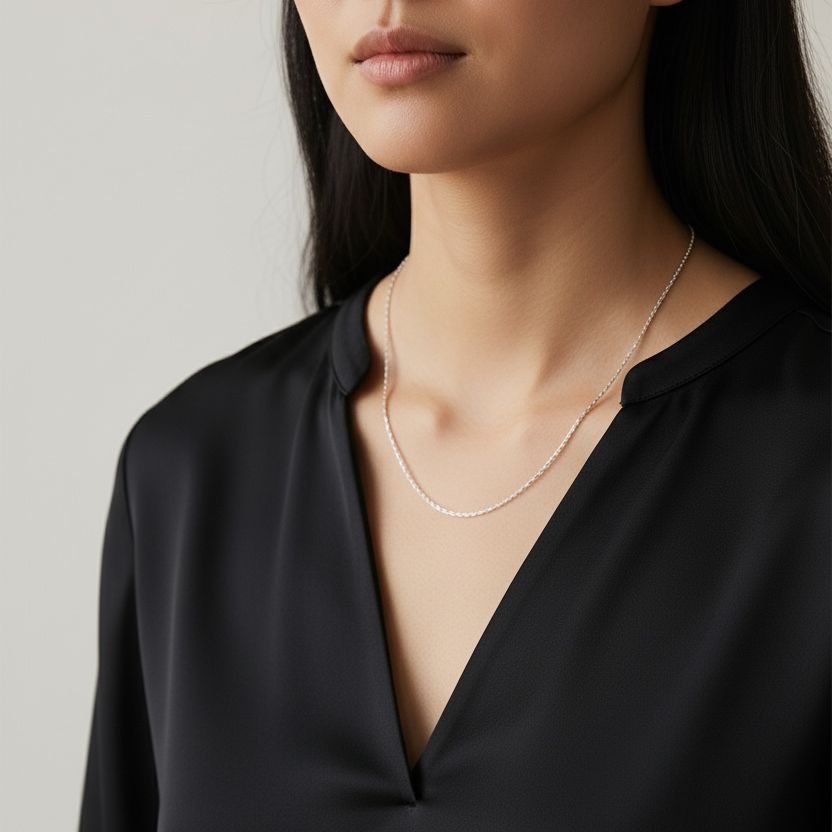 Person wearing a black shirt and gold necklace against a neutral background