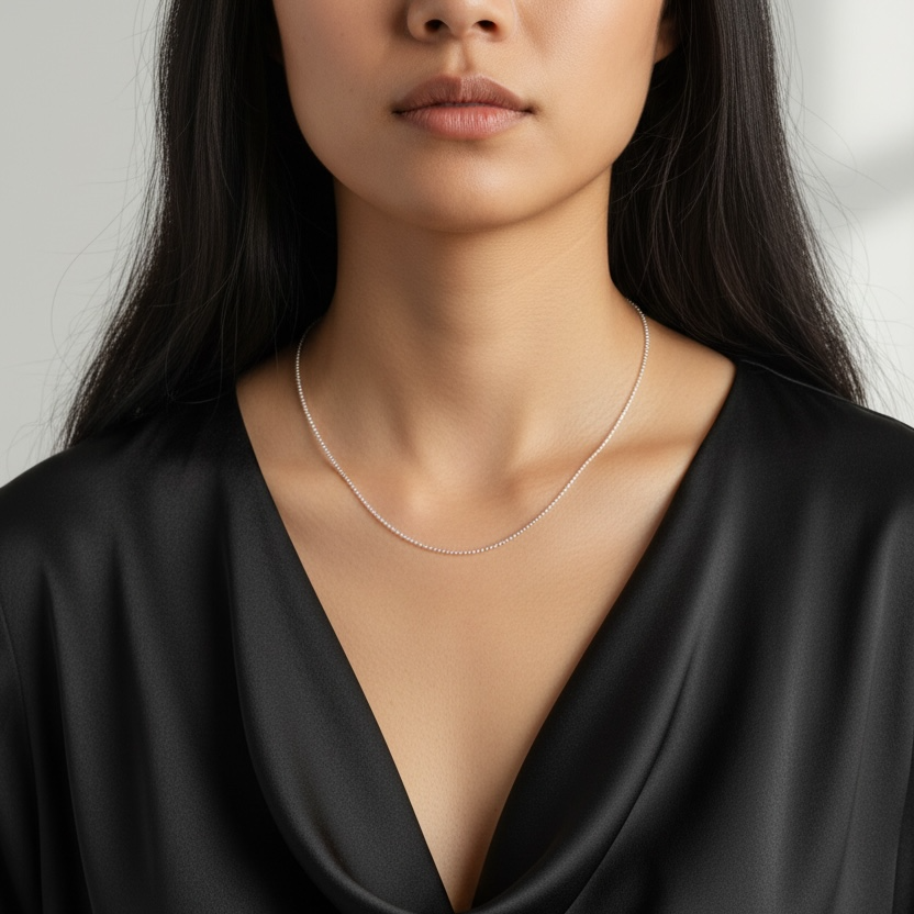 Woman wearing a black garment with a deep neckline against a neutral background