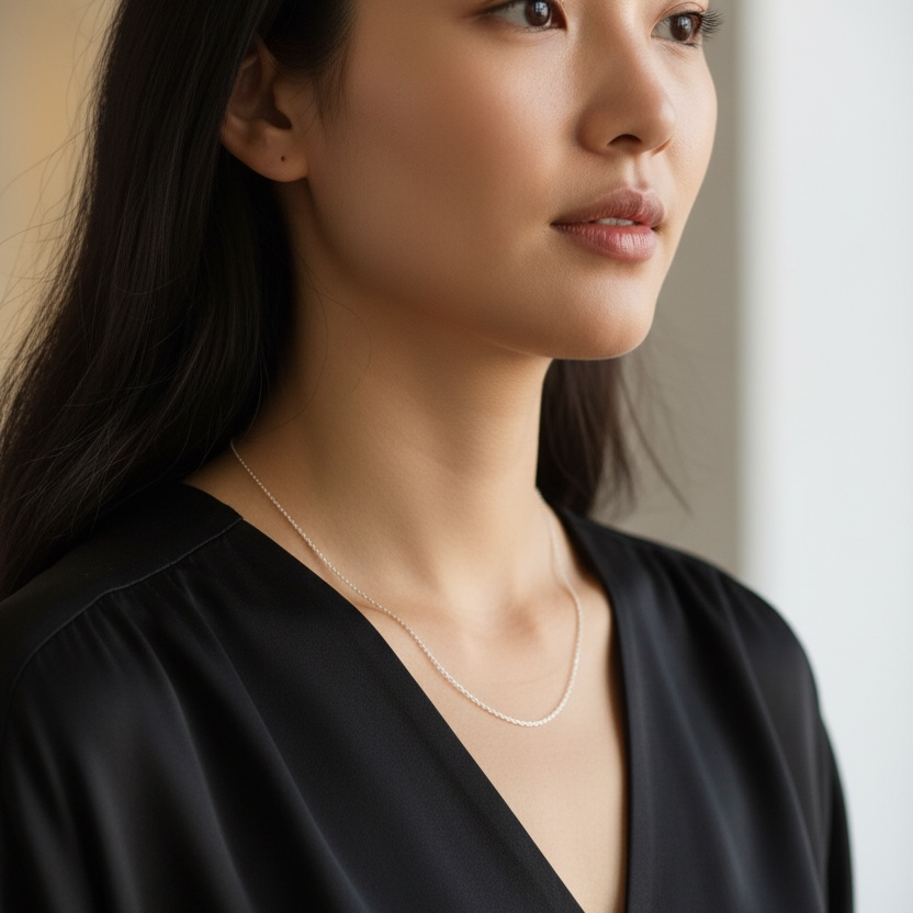 Woman wearing a black top and gold necklace against a neutral background