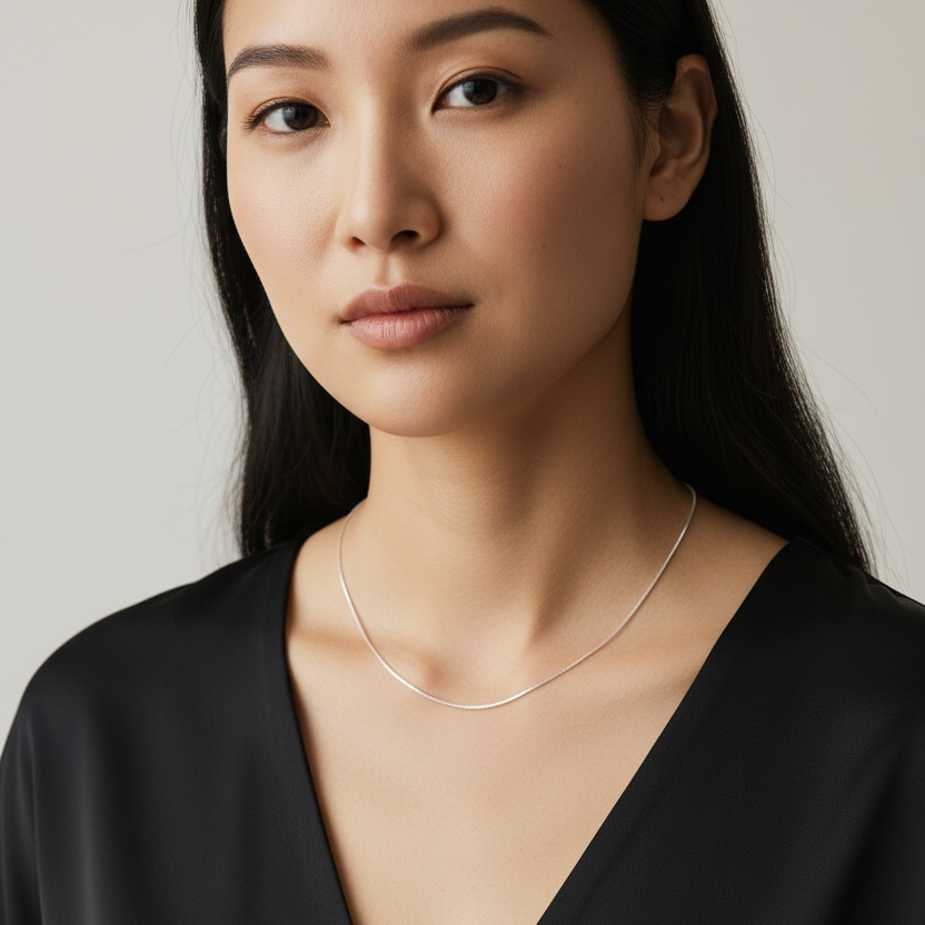 Woman wearing a black top and gold necklace against a neutral background