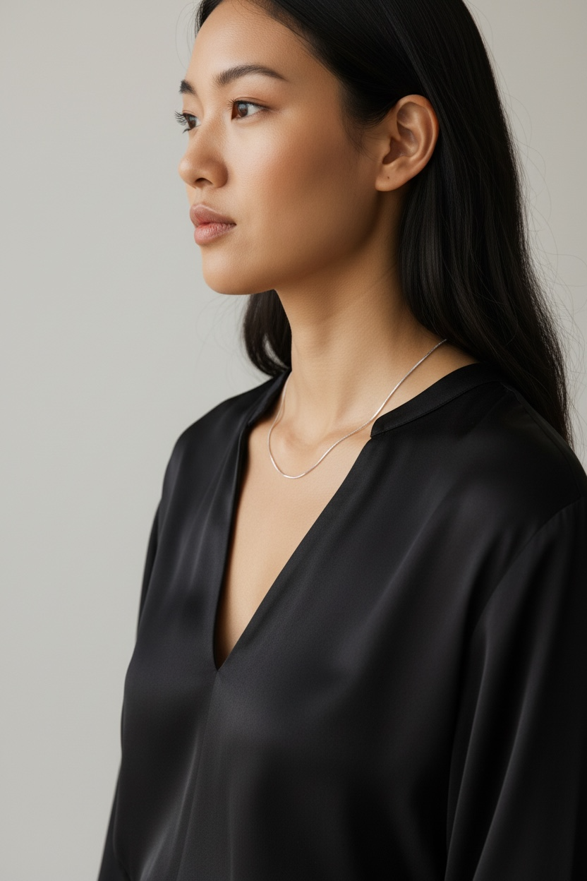 Woman wearing a black blouse and gold necklace against a neutral background
