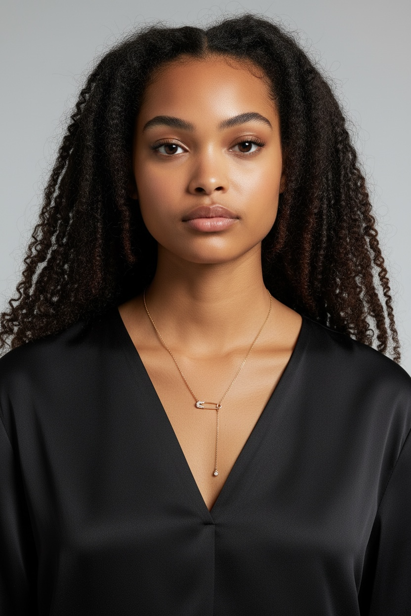 Woman wearing a black top and gold necklace against a gray background