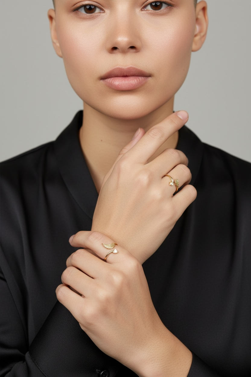 18k Gold Filled Adjustable Open Boho Ring Featuring Heart With Cubic Zirconia And Wing Making