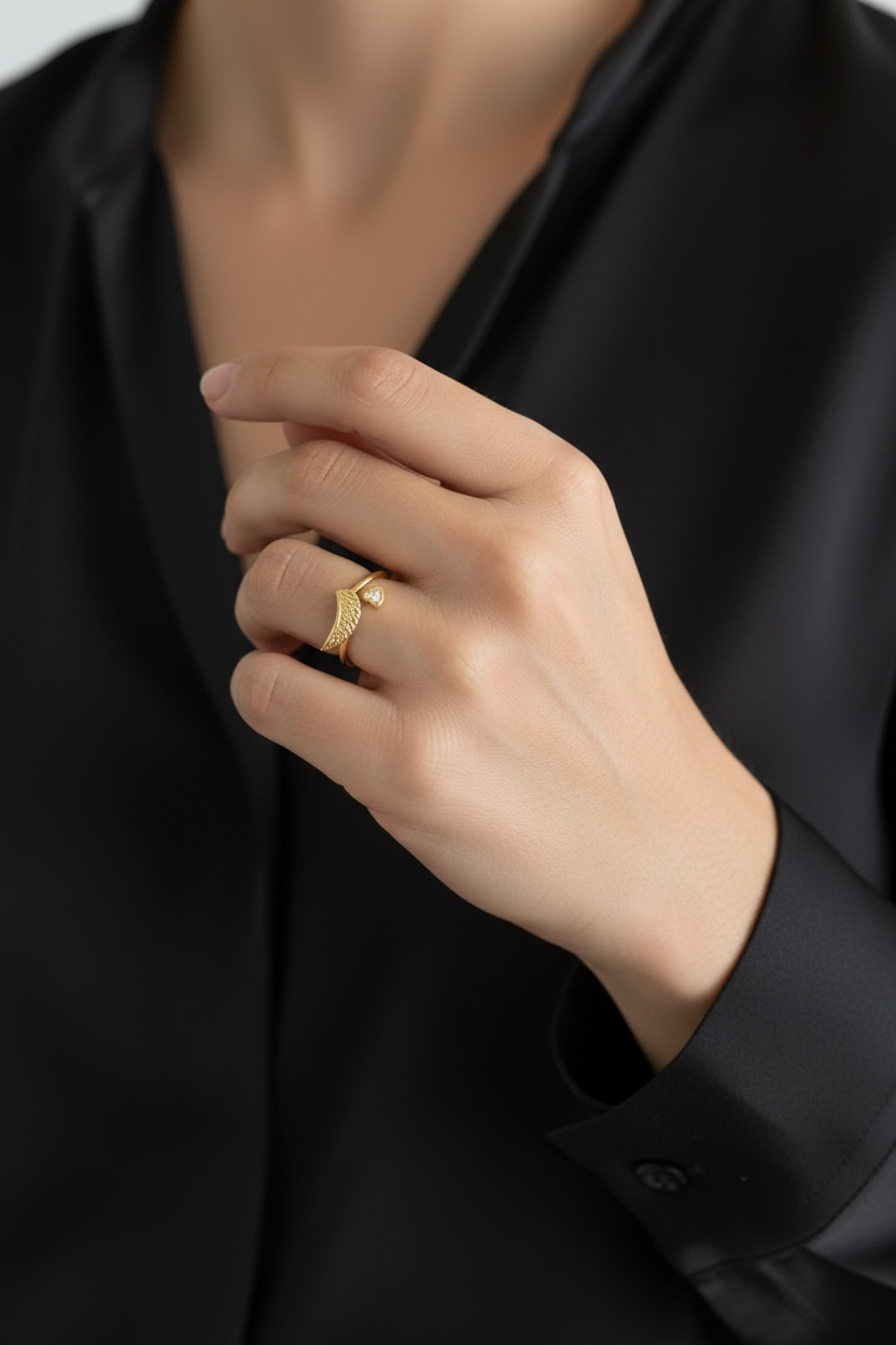 18k Gold Filled Adjustable Open Boho Ring Featuring Heart With Cubic Zirconia And Wing Making