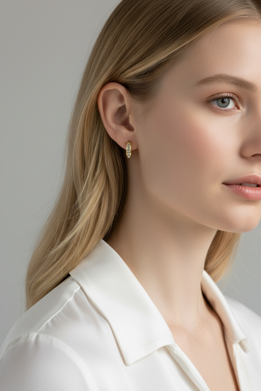 Close-up of a woman wearing gold earrings with a neutral background