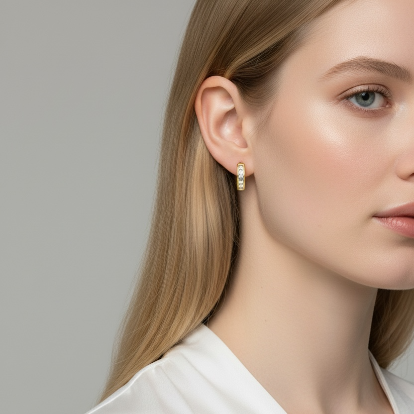 Close-up of a woman wearing pearl earrings against a neutral background