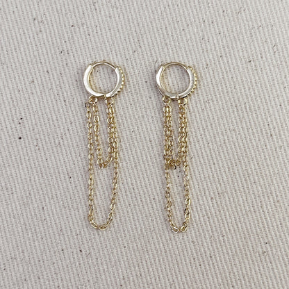 18k Gold Filled CZ  Hoop With Dangling Chains Earrings