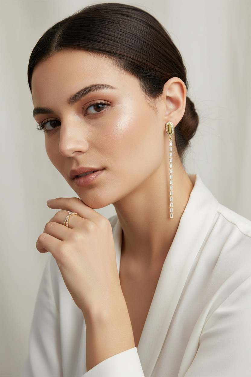 Woman wearing a gold earring with a neutral background