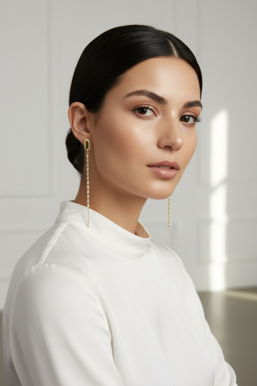18k Gold Filled CZ Baguette Chain Drop Earrings