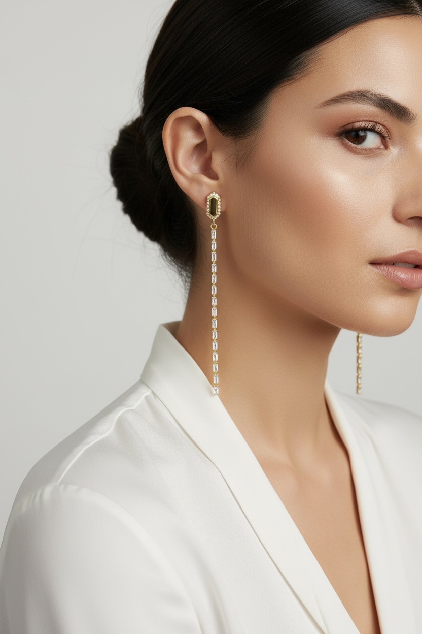 18k Gold Filled CZ Baguette Chain Drop Earrings