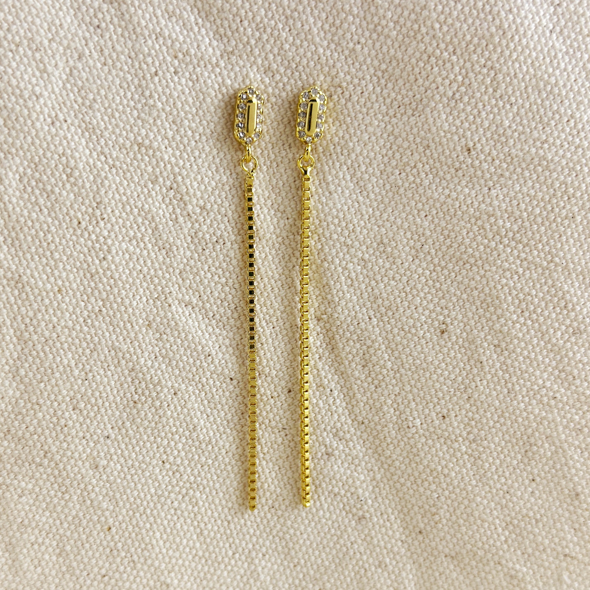 18k Gold Filled CZ Box Chain Drop Earrings