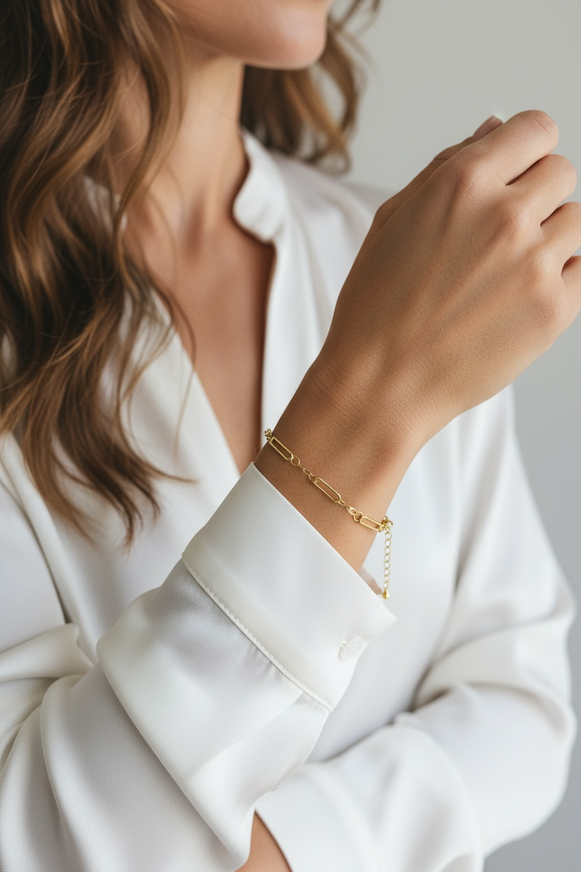 Close-up of a person wearing a gold bracelet on a plain background