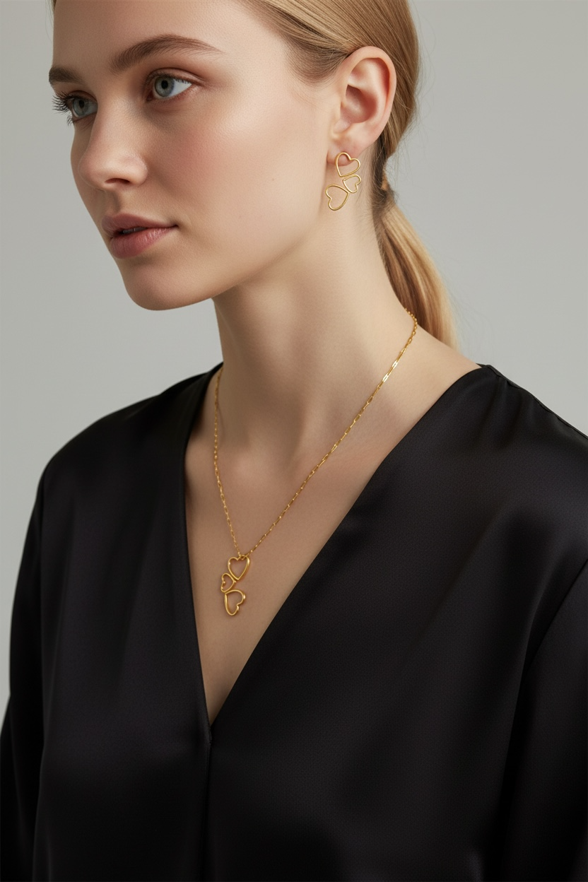 Woman wearing gold jewelry including a necklace and earrings against a neutral background