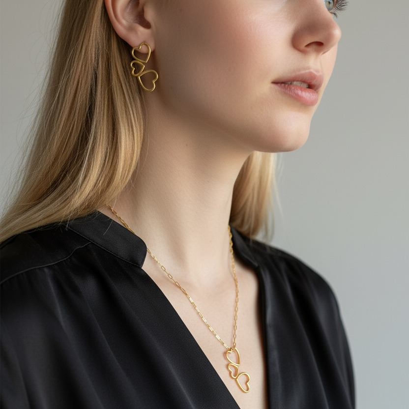 Woman wearing a gold necklace and earrings against a neutral background