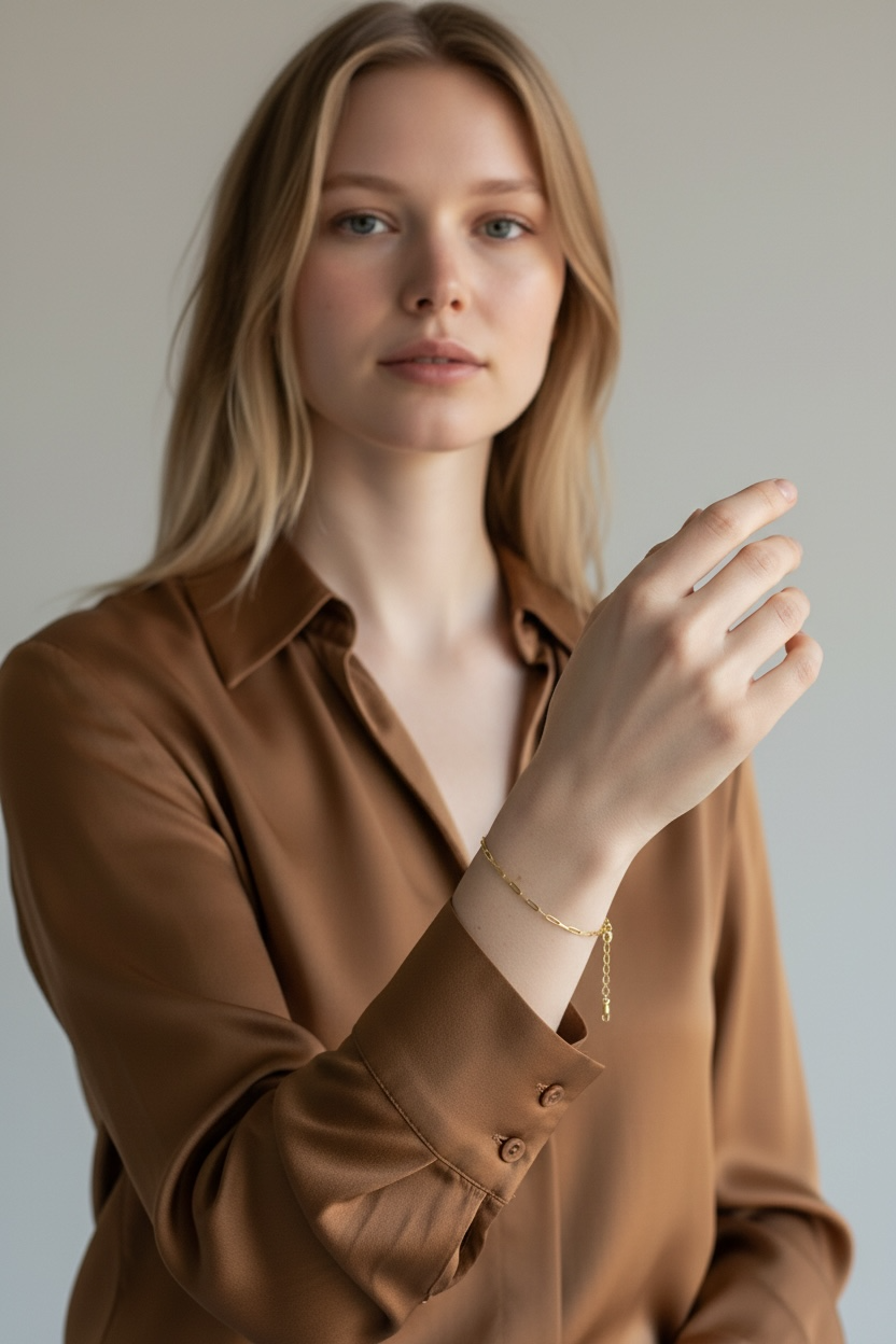 Woman wearing a brown shirt against a plain background