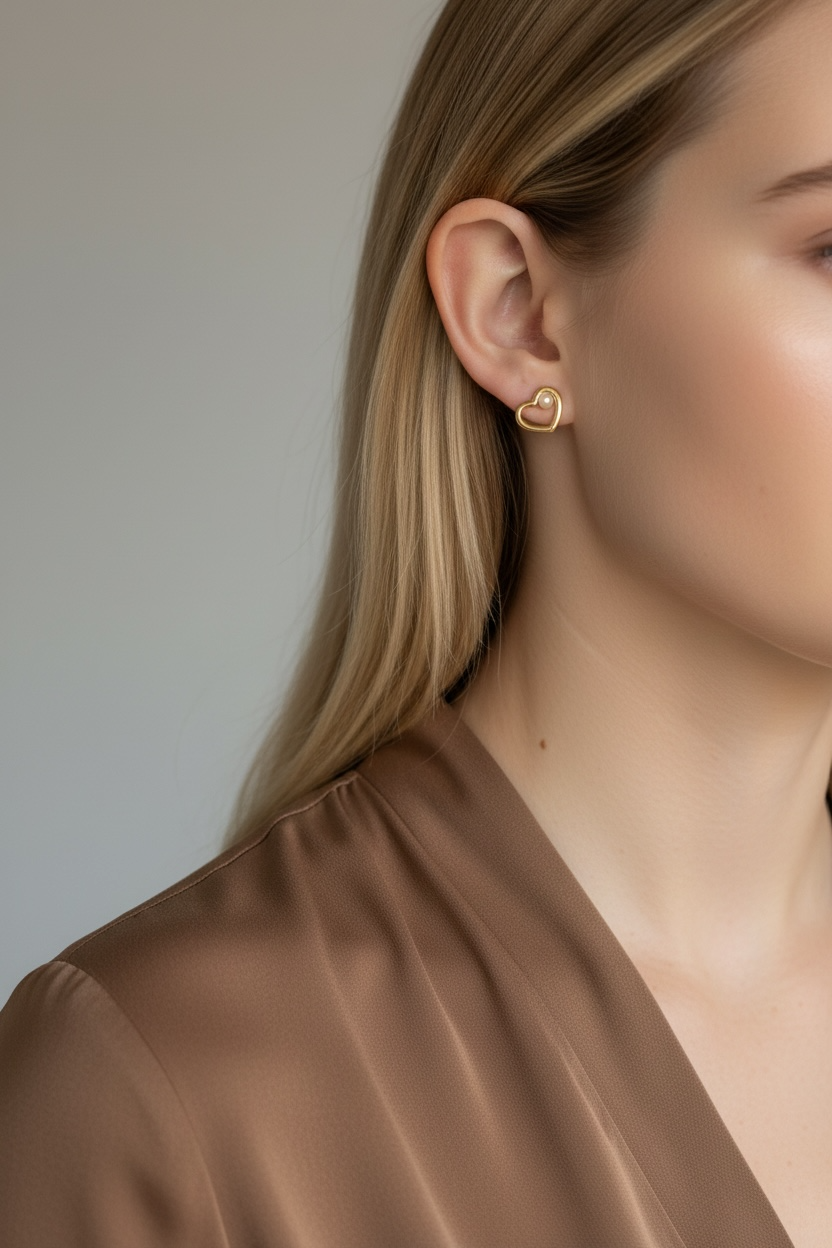 Close-up of a woman wearing gold hoop earrings with a neutral background