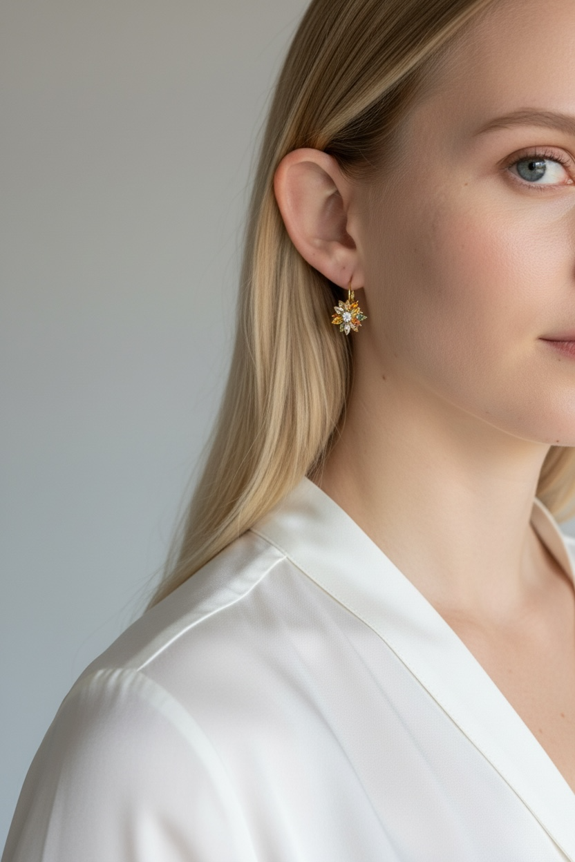 18k Gold Filled Multicolor Crystal Flower Lever Back Earrings