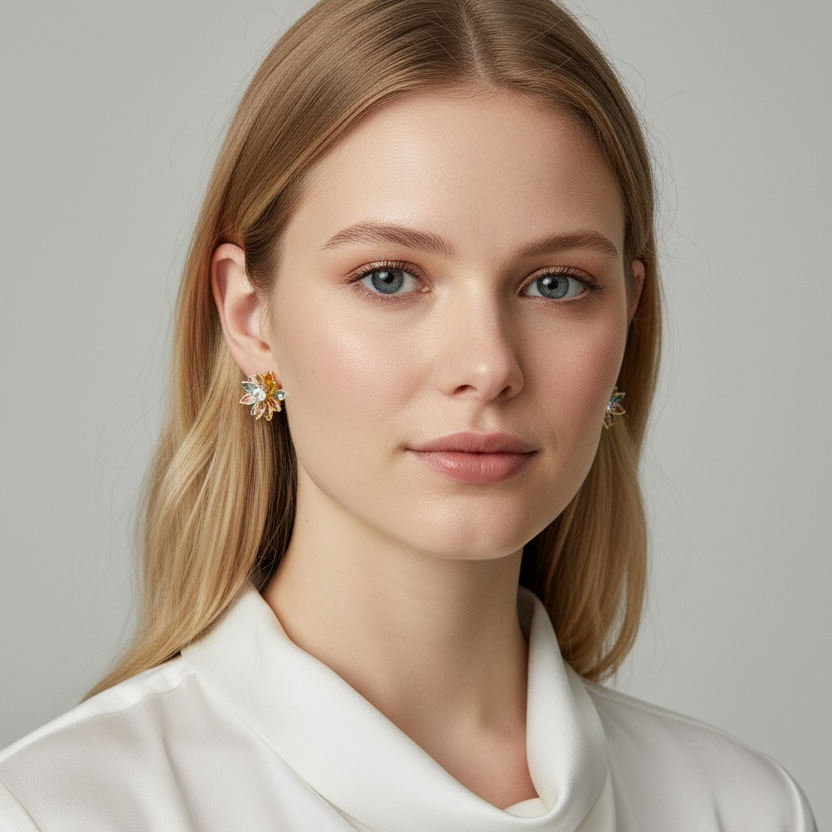 Woman wearing a white turtleneck sweater against a plain background